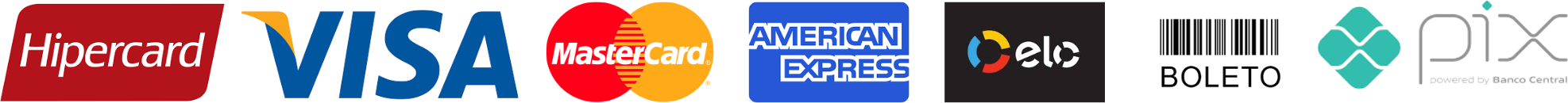 Formas de pagamento: Hipercard, Visa, Mastercard, American Express, Elo, Boleto, PIX